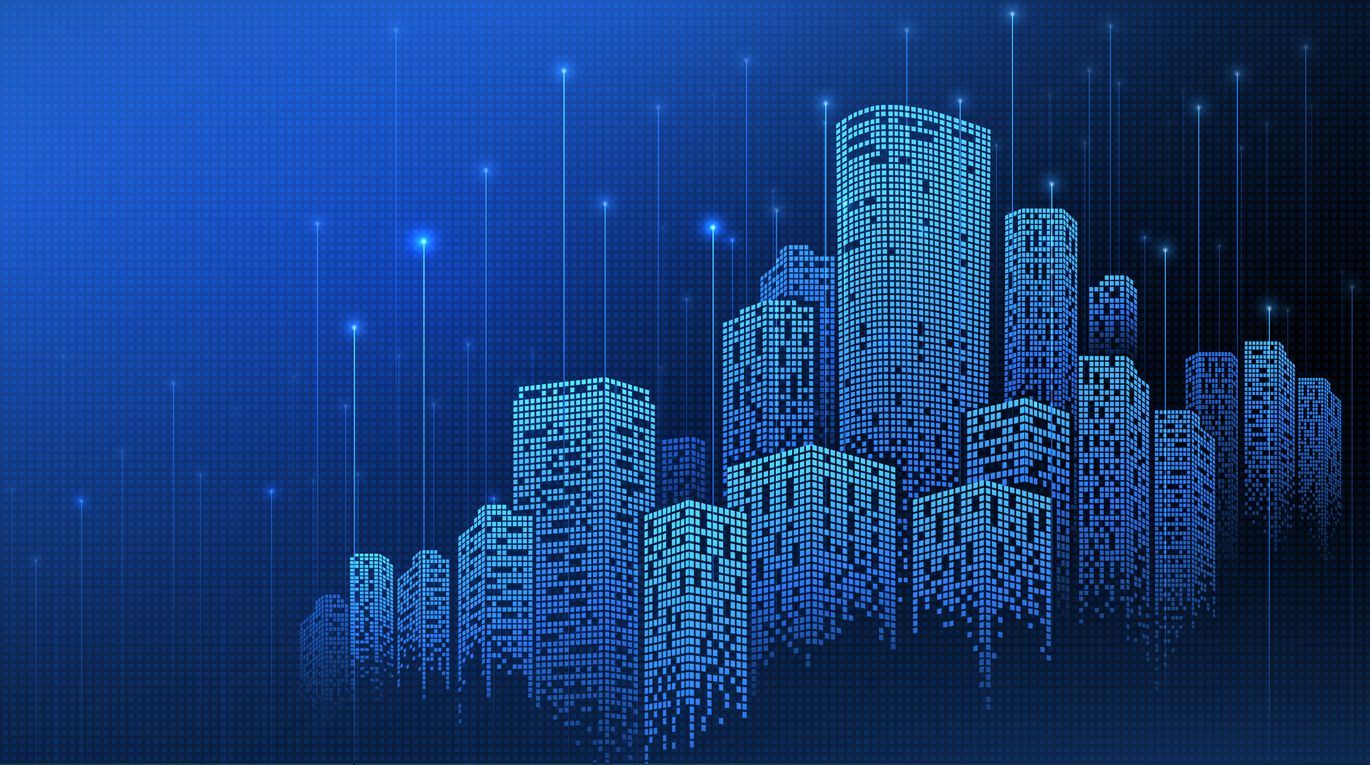 Paisagem urbana digital azul com linhas conectando edifícios.